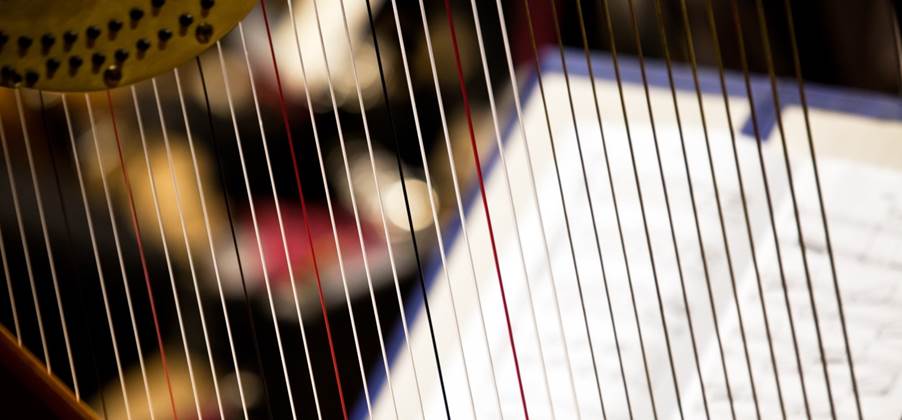 Close-up of a harp with a book
Description automatically generated